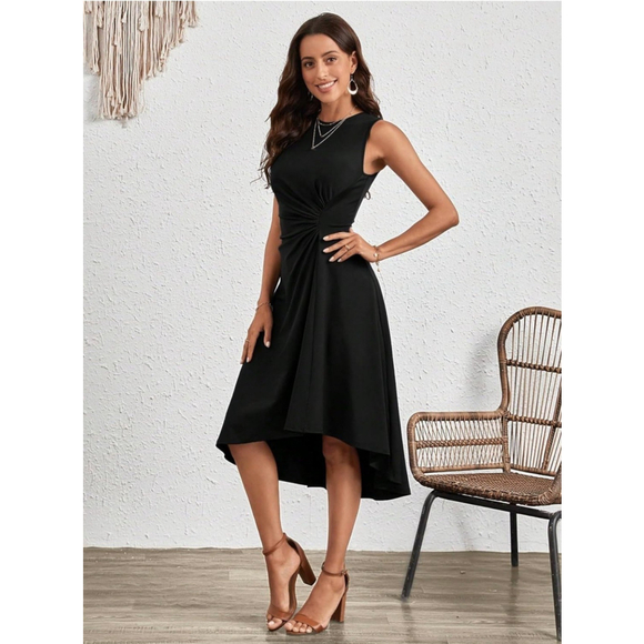 Verdusa Women's Sleeveless Crew Neck Ruched Front Asymmetrical Hem Midi Dress - Picture 8 of 8